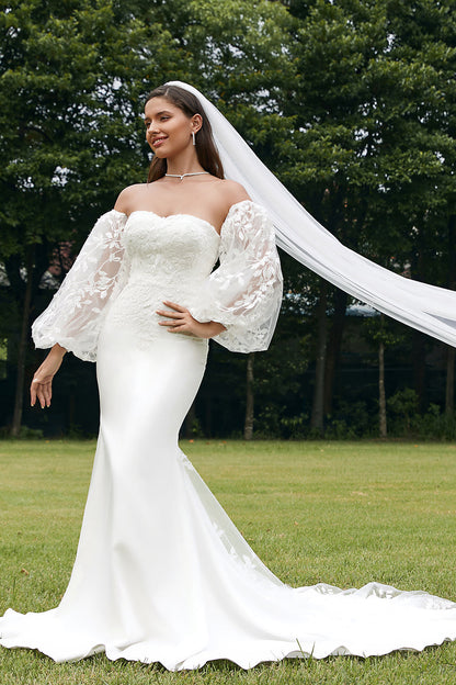 Ivory Mermaid Sweetheart Detachale Long Sleeves Wedding Dress with Lace