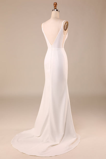 Simple Ivory Mermaid Backless Long Wedding Dress with Slit