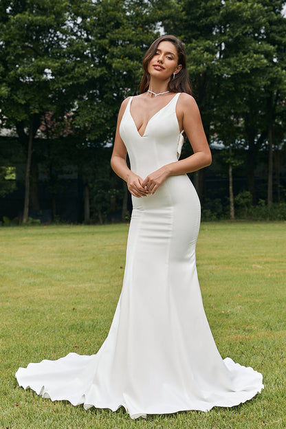 Simple Ivory Mermaid Backless Boho Wedding Dress