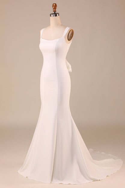 Simple Ivory Mermaid Wedding Dress with Back Bowknot