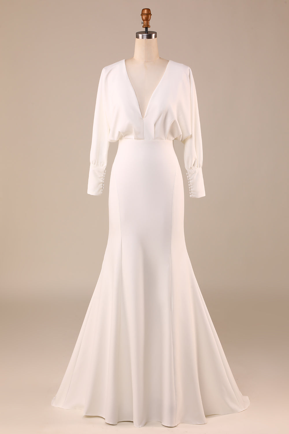 Simple Ivory Mermaid Long Sleeves Deep V-Neck Wedding Dress