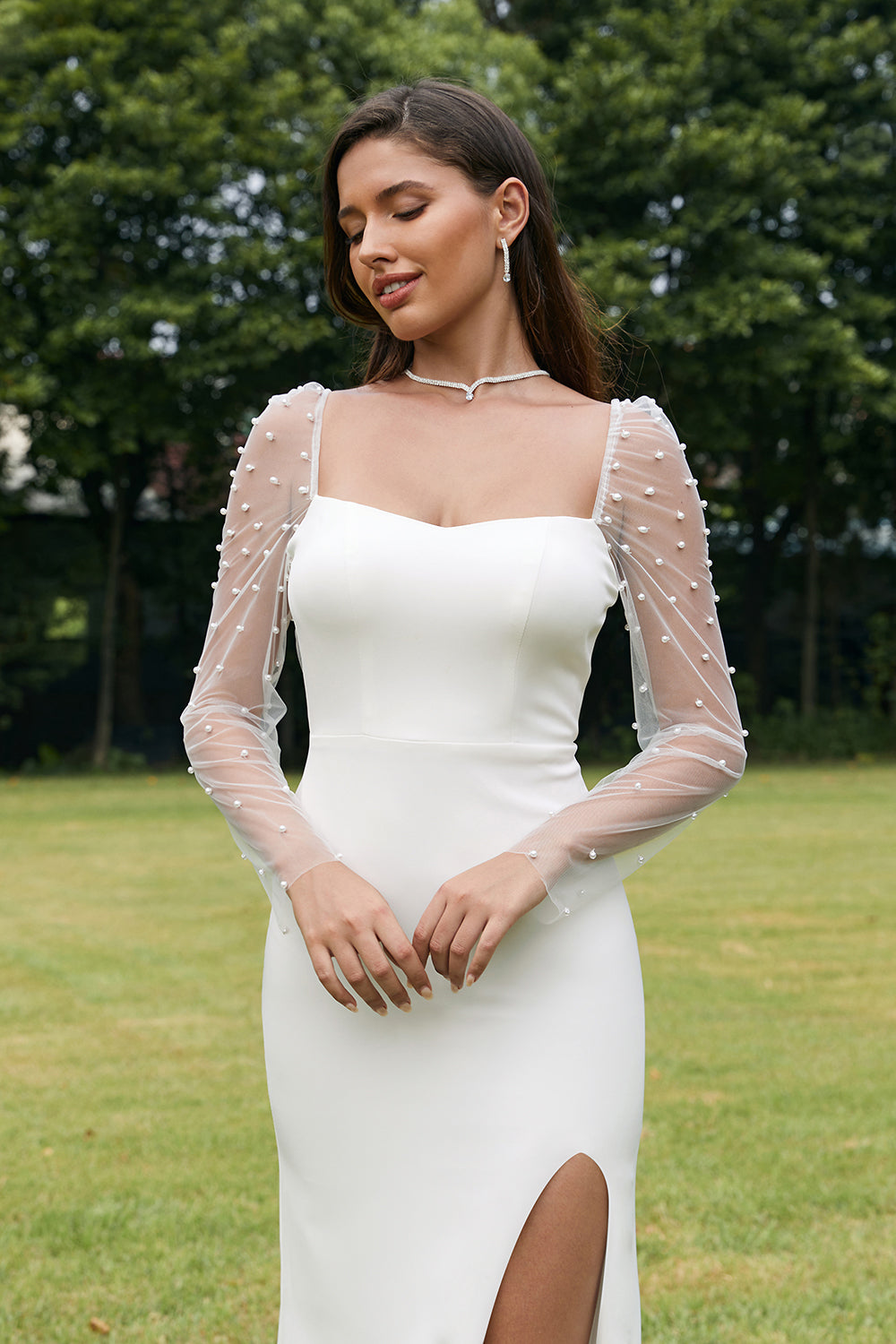 Ivory Illusion Long Sleeves Backless Mermaid Wedding Dress with Slit