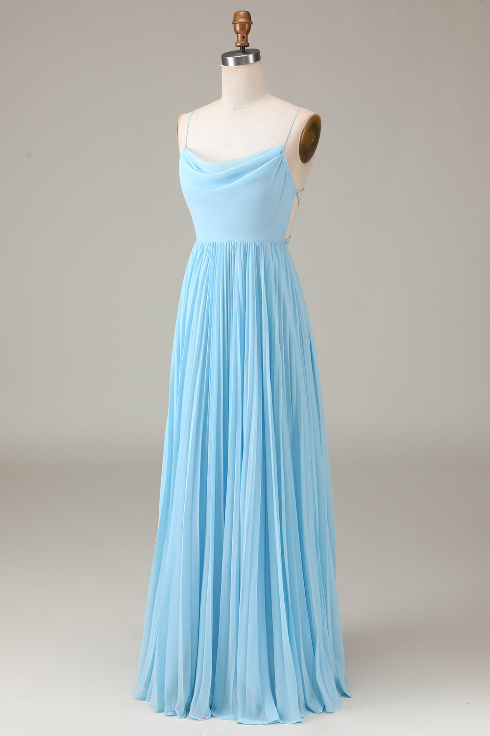 Sky Blue Spaghetti Straps Cowl Neck Pleated Open Back A-line Chiffon Bridesmaid Dress