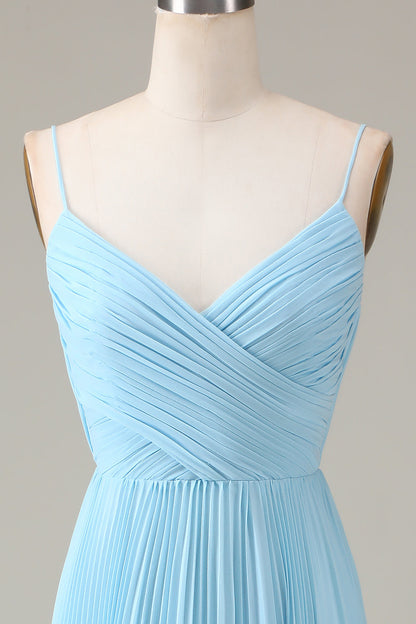 Sky Blue Spaghetti Straps V-neck A-line Pleated Chiffon Bridesmaid Dress