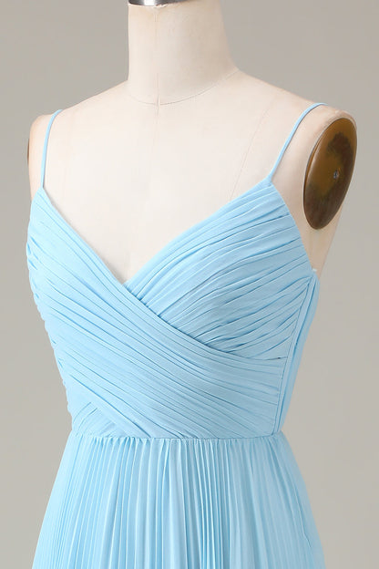 Sky Blue Spaghetti Straps V-neck A-line Pleated Chiffon Bridesmaid Dress