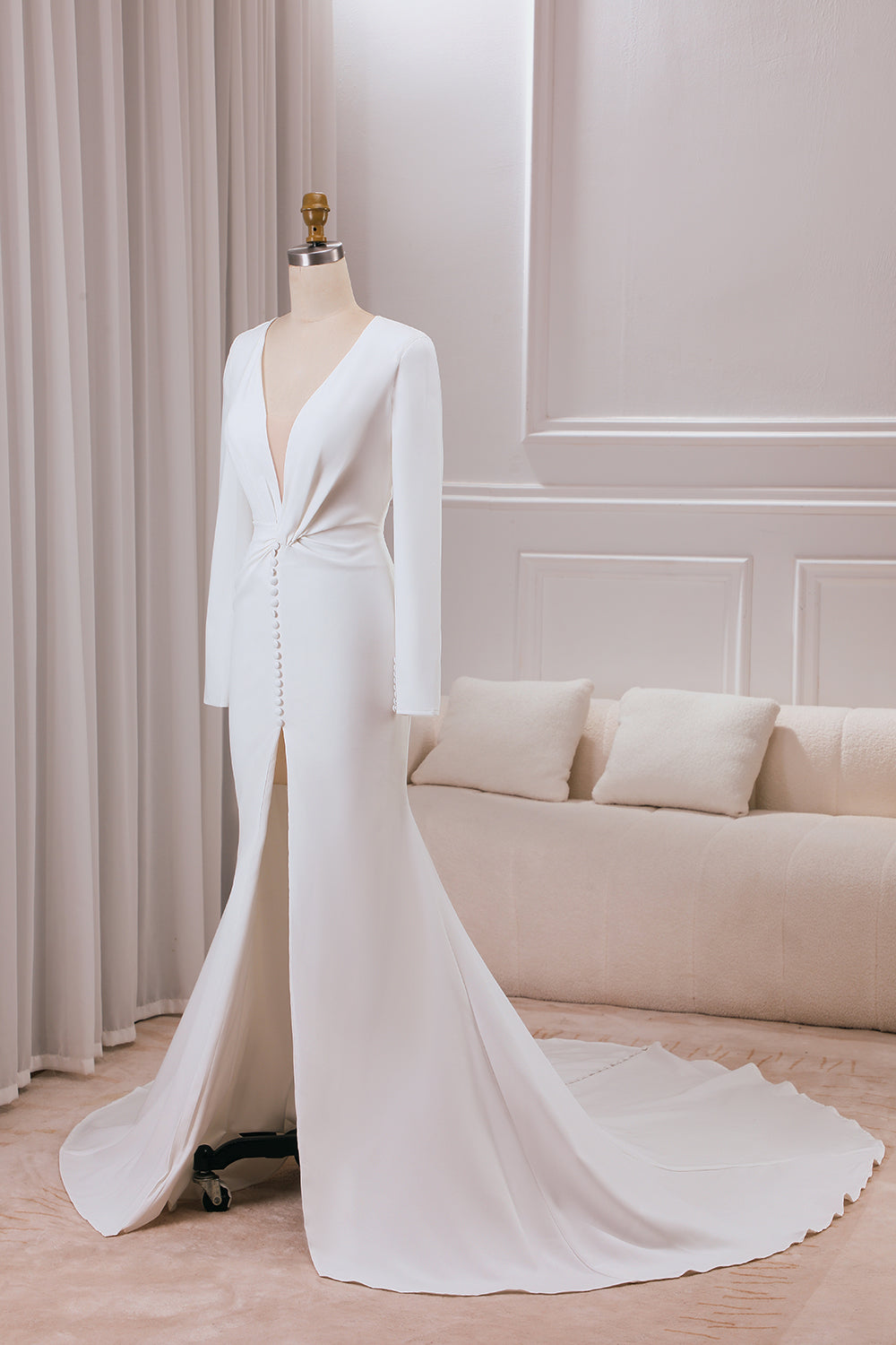 Ivory Deep V-neck Long Sleeves Crepe Mermaid Wedding Dress with Front Slit