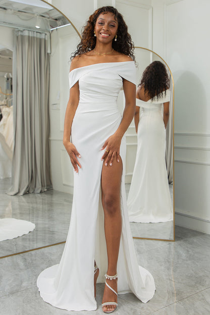 Simple Ivory One Shoulder Draped Wedding Dress with Slit