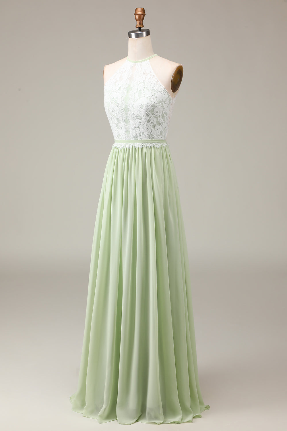 Dusty Sage Halter Neck Lace and Chiffon A-line Floor Length Bridesmaid Dress