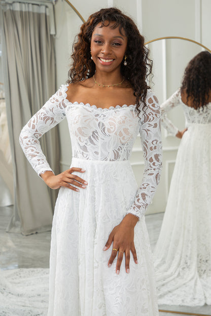 Ivory A-Line Lace Wedding Dress with Sleeves