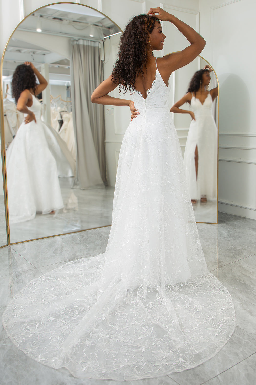 Ivory A-Line Sweep Train Lace Wedding Dress with Slit