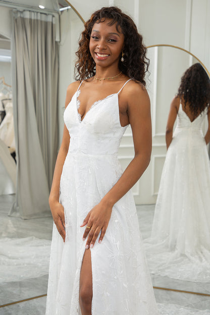 Ivory A-Line Sweep Train Lace Wedding Dress with Slit