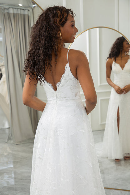 Ivory A-Line Sweep Train Lace Wedding Dress with Slit