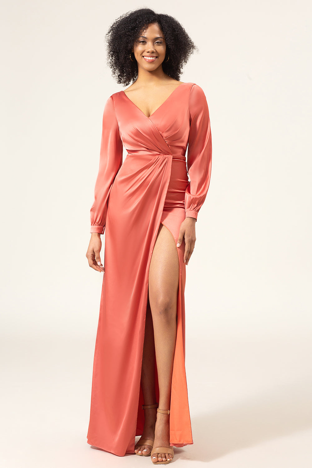 Terracotta A-Line V-Neck Satin Bridesmaid Dress With Slit