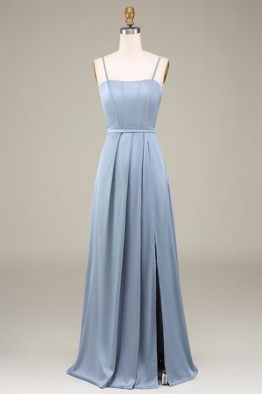 Dusty Blue A-Line Spaghetti Straps Satin Long Bridesmaid Dress