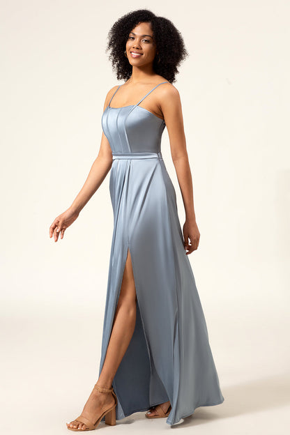 A-Line Spaghetti Straps Dusty Blue Satin Long Bridesmaid Dress