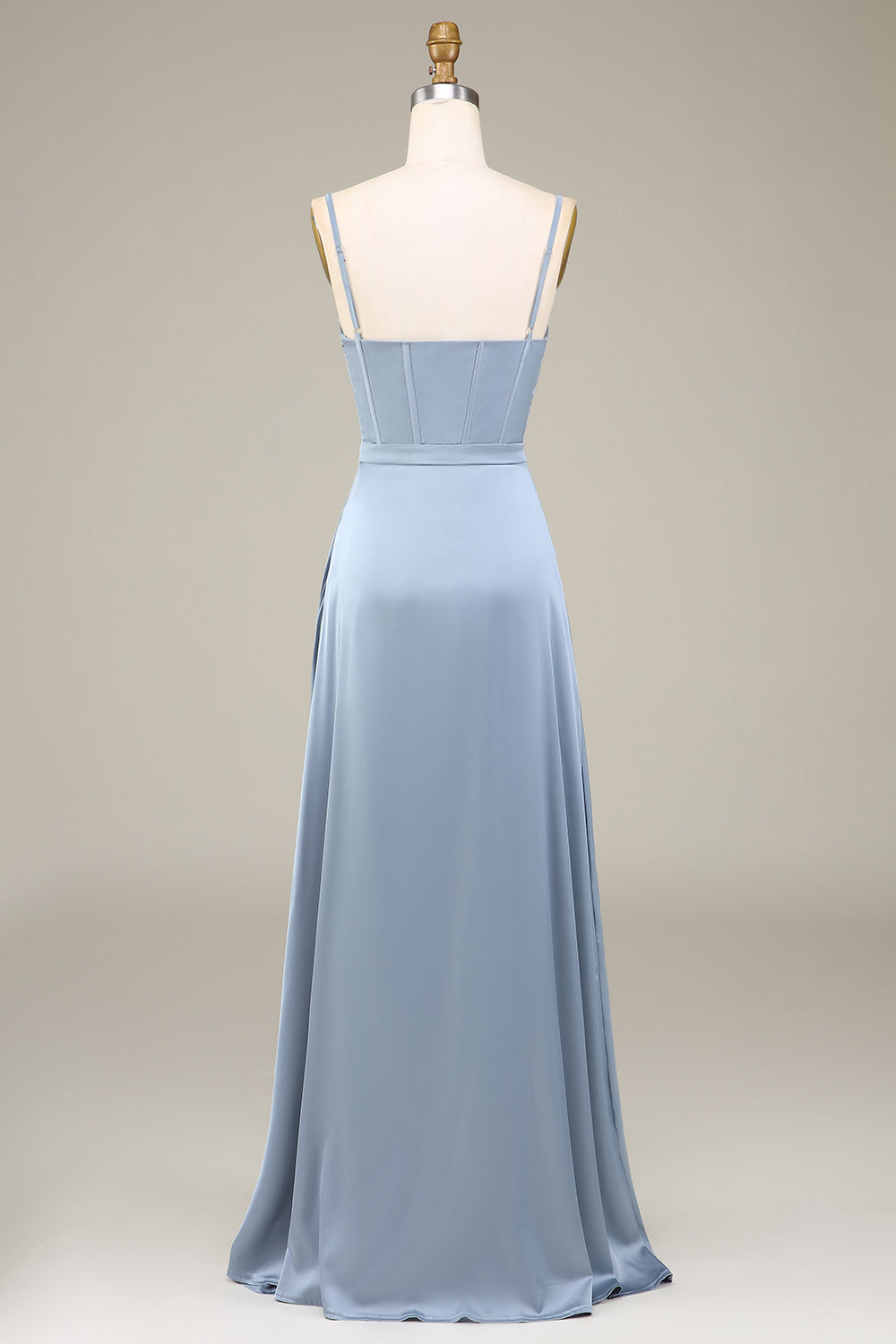 Dusty Blue A-Line Spaghetti Straps Satin Long Bridesmaid Dress