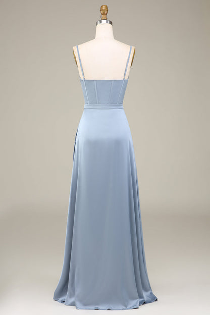 Dusty Blue A-Line Spaghetti Straps Satin Long Bridesmaid Dress