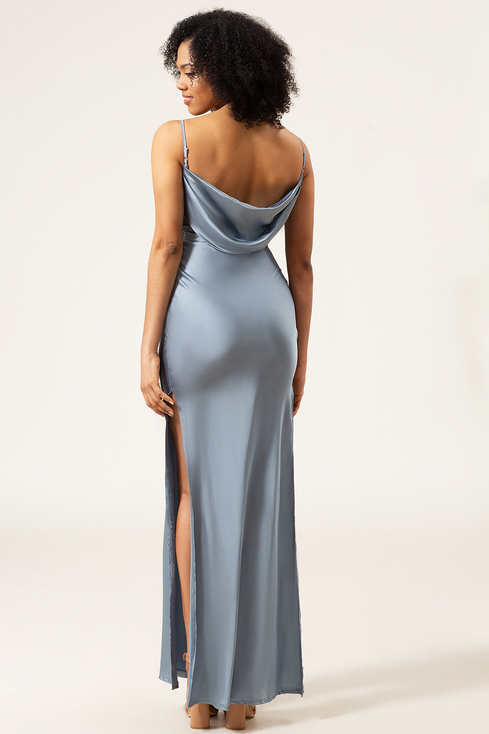 Dusty Blue Spaghetti Straps Sheath Satin Long Bridesmaid Dress