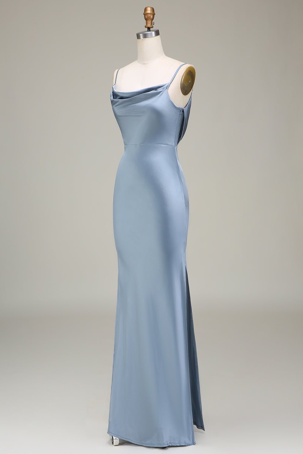 Dusty Blue Sheath Spaghetti Straps Satin Long Bridesmaid Dress