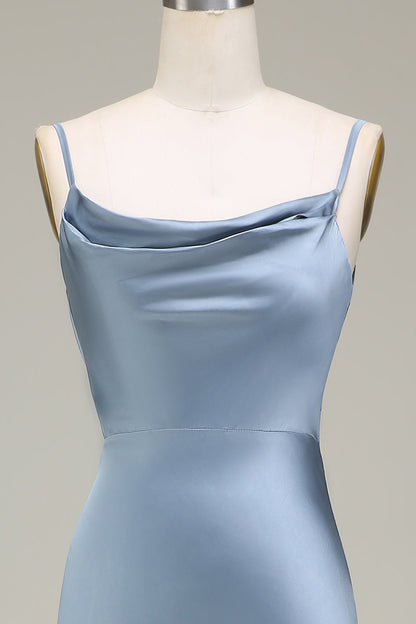 Dusty Blue Sheath Spaghetti Straps Satin Long Bridesmaid Dress