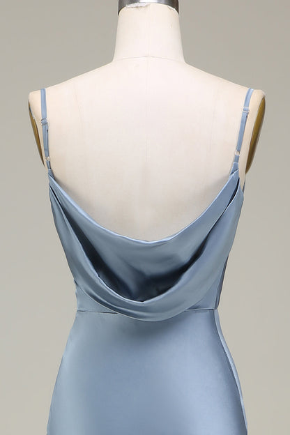 Dusty Blue Sheath Spaghetti Straps Satin Long Bridesmaid Dress