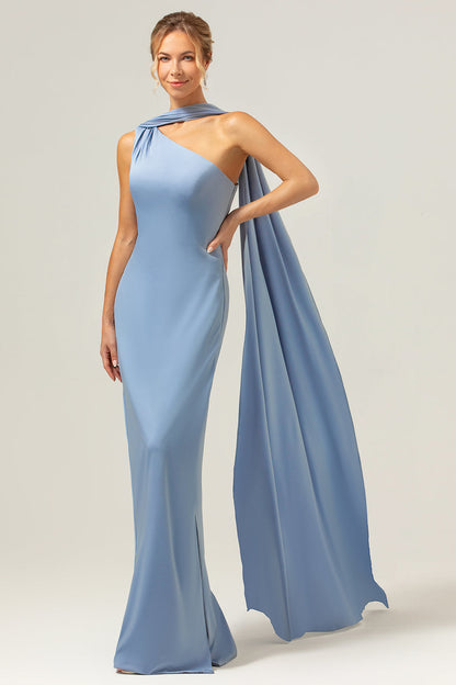 Sheath One Shoulder Satin Long Blue Bridesmaid Dress