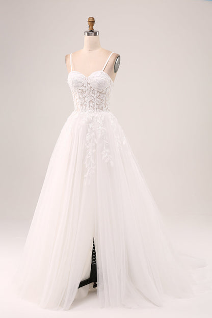 Ivory A-Line Spaghetti Straps Corset Lace Tulle Long Wedding Dress