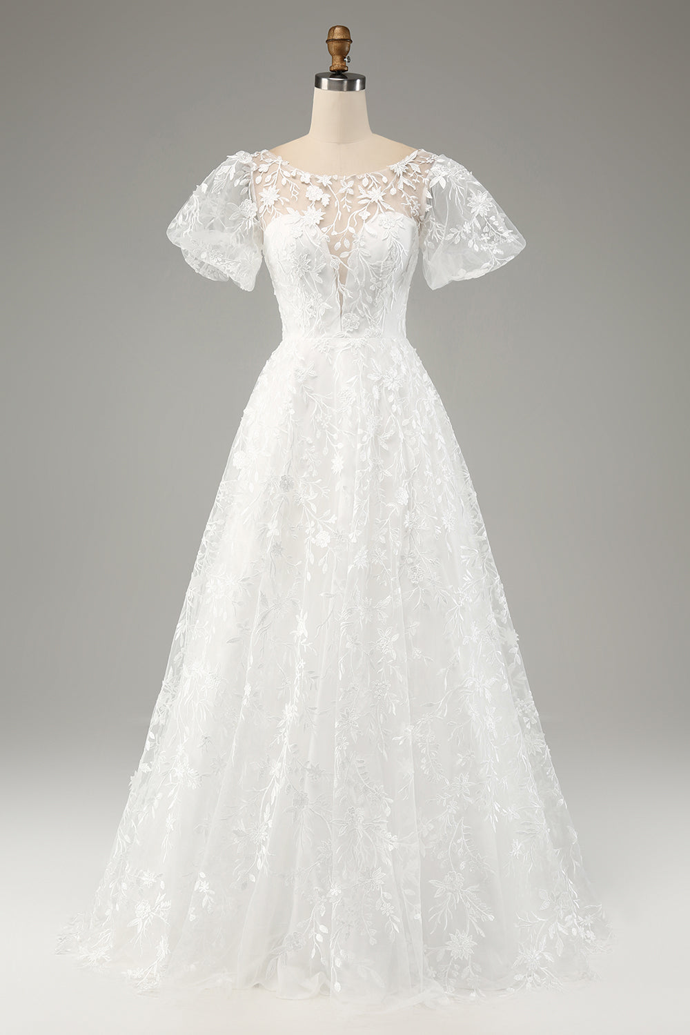 Ivory A-Line Puff Sleeves Wedding Dress with Appliques