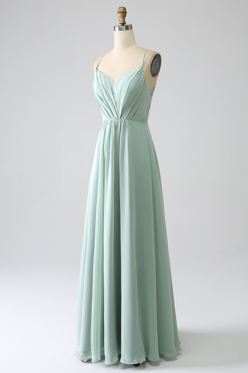 Matcha A-Line Spaghetti Straps Backless Pleated Long Bridesmaid Dress