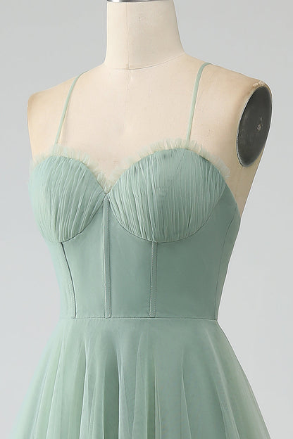 Matcha A-Line Spaghetti Straps Tea-Length Corset Tulle Bridesmaid Dress