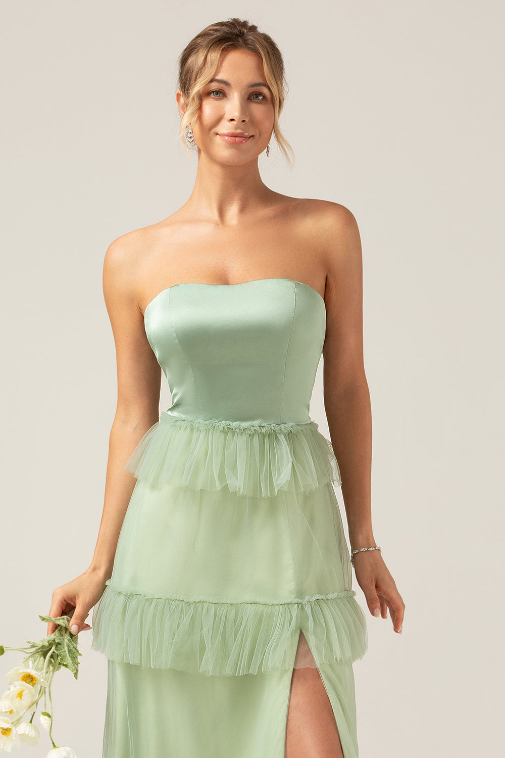 Matcha A-Line Strapless Long Bridesmaid Dress with Ruffles