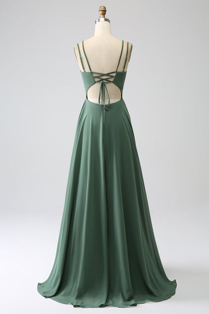 Eucalyptus A-Line Spaghetti Straps Backless Pleated Long Bridesmaid Dress