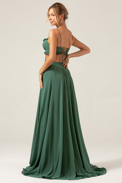 Eucalyptus Spaghetti Straps Hollow-out Long Bridesmaid Dress with Ruffles