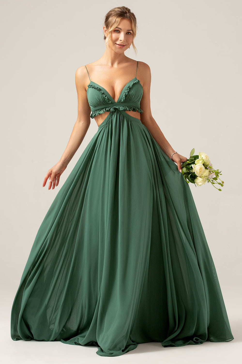 Eucalyptus Spaghetti Straps Hollow-out Long Bridesmaid Dress with Ruffles