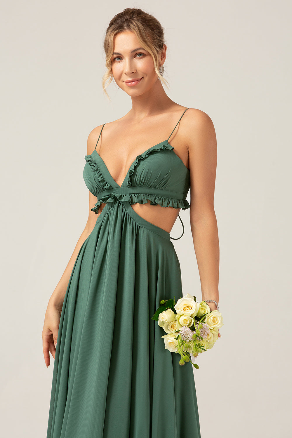 Eucalyptus Spaghetti Straps Hollow-out Long Bridesmaid Dress with Ruffles