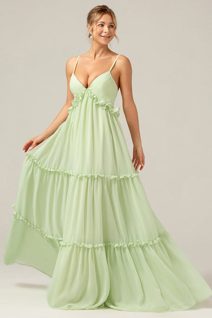 Green A Line Ruffles Long Maternity Bridesmaid Dress with Lace-up Back