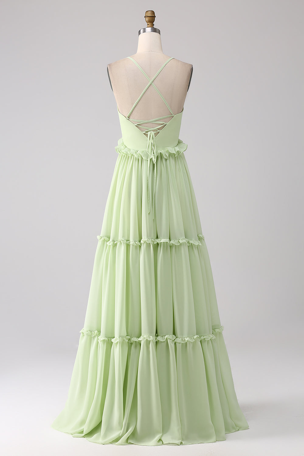 Ruffles A Line Green Bridesmaid Dress with Lace-up Back