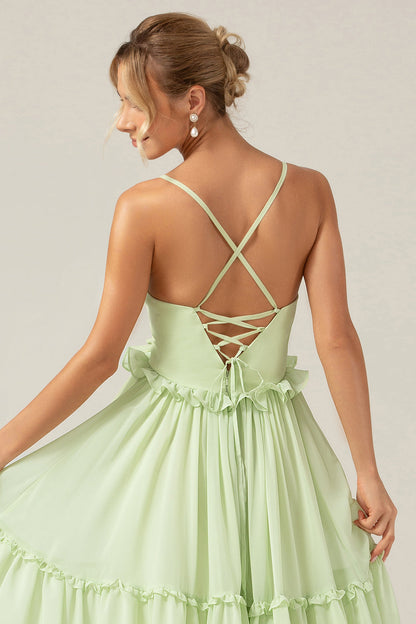 Green A Line Ruffles Long Maternity Bridesmaid Dress with Lace-up Back