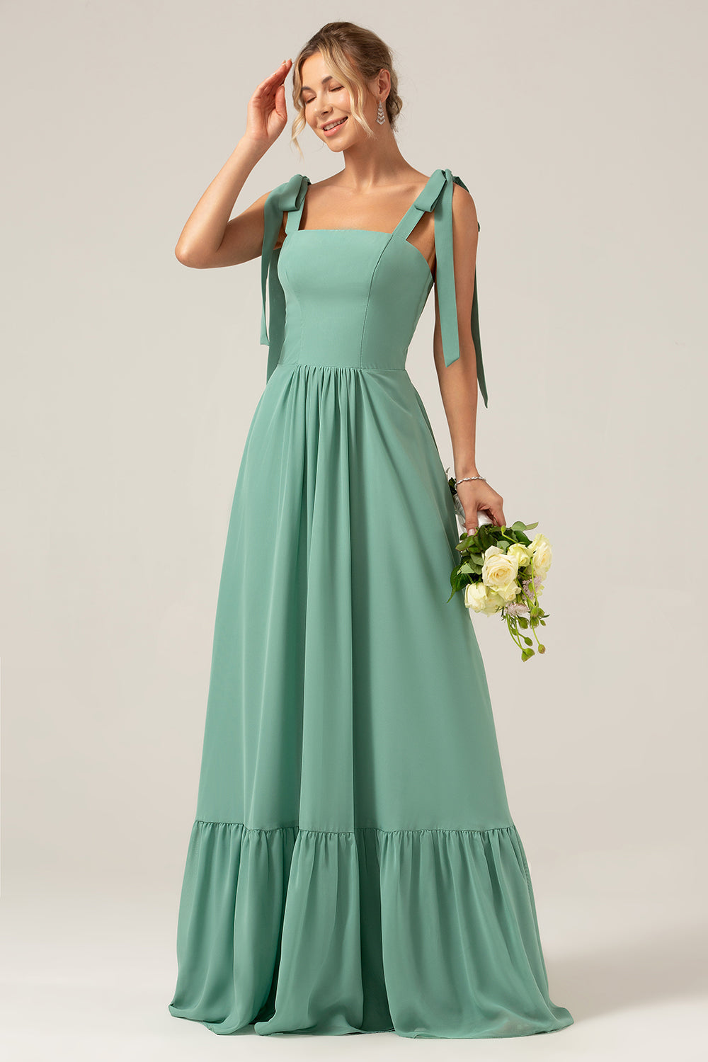 A Line Eucalyptus Chiffon Long Bridesmaid Dress with Pleated