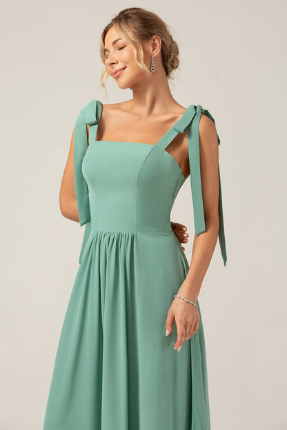 A Line Eucalyptus Chiffon Long Bridesmaid Dress with Pleated