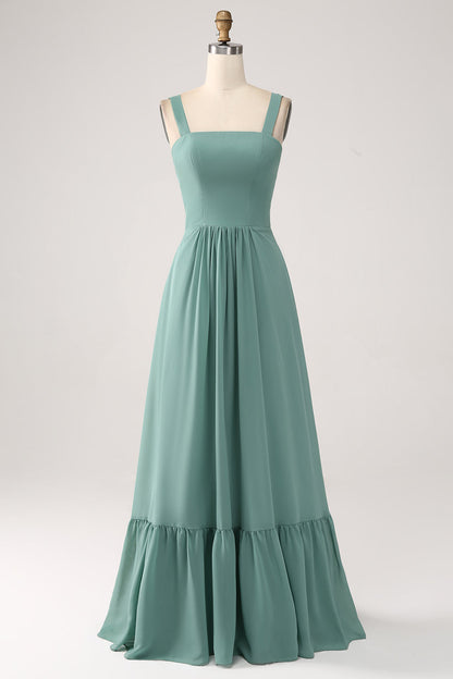 A Line Chiffon Green Long Bridesmaid Dress with Pleated