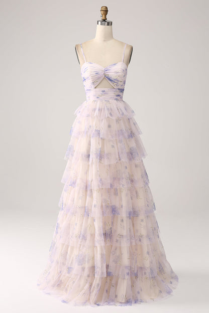 Lavender Flower Tiered Princess Long Prom Dress