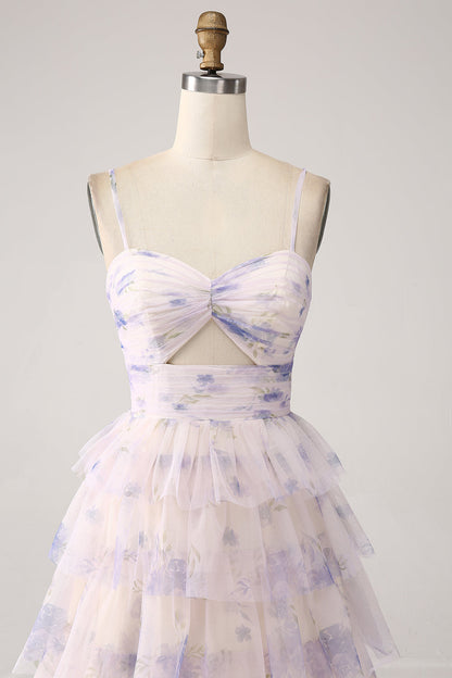 Lavender Flower Tiered Princess Long Prom Dress