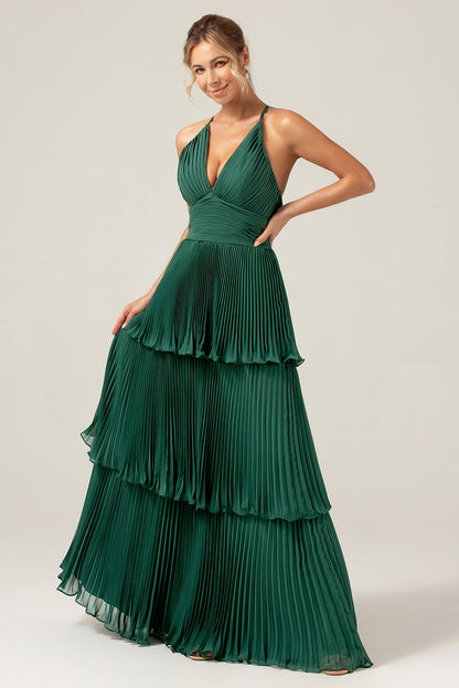 A-Line Tiered Chiffon Dark Green Long Bridesmaid Dress with Pleated