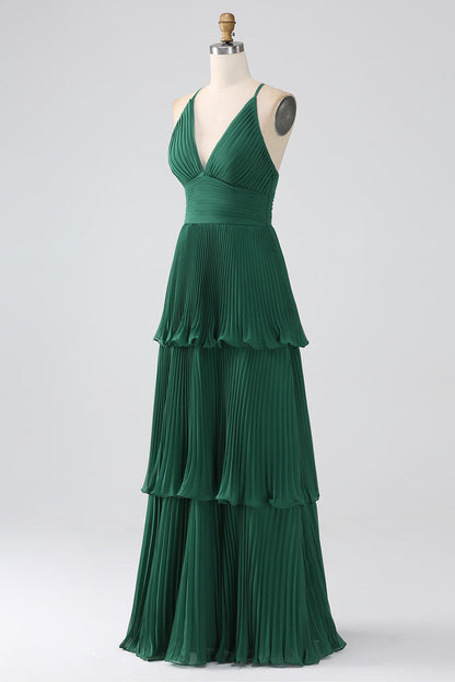 A-Line Dark Green Tiered Chiffon Bridesmaid Dress with Pleated