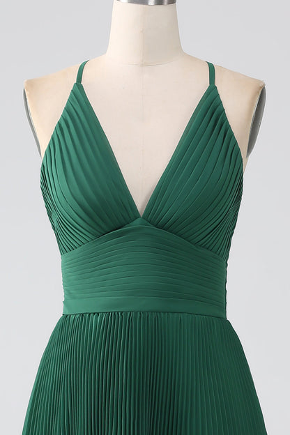 A-Line Dark Green Tiered Chiffon Bridesmaid Dress with Pleated