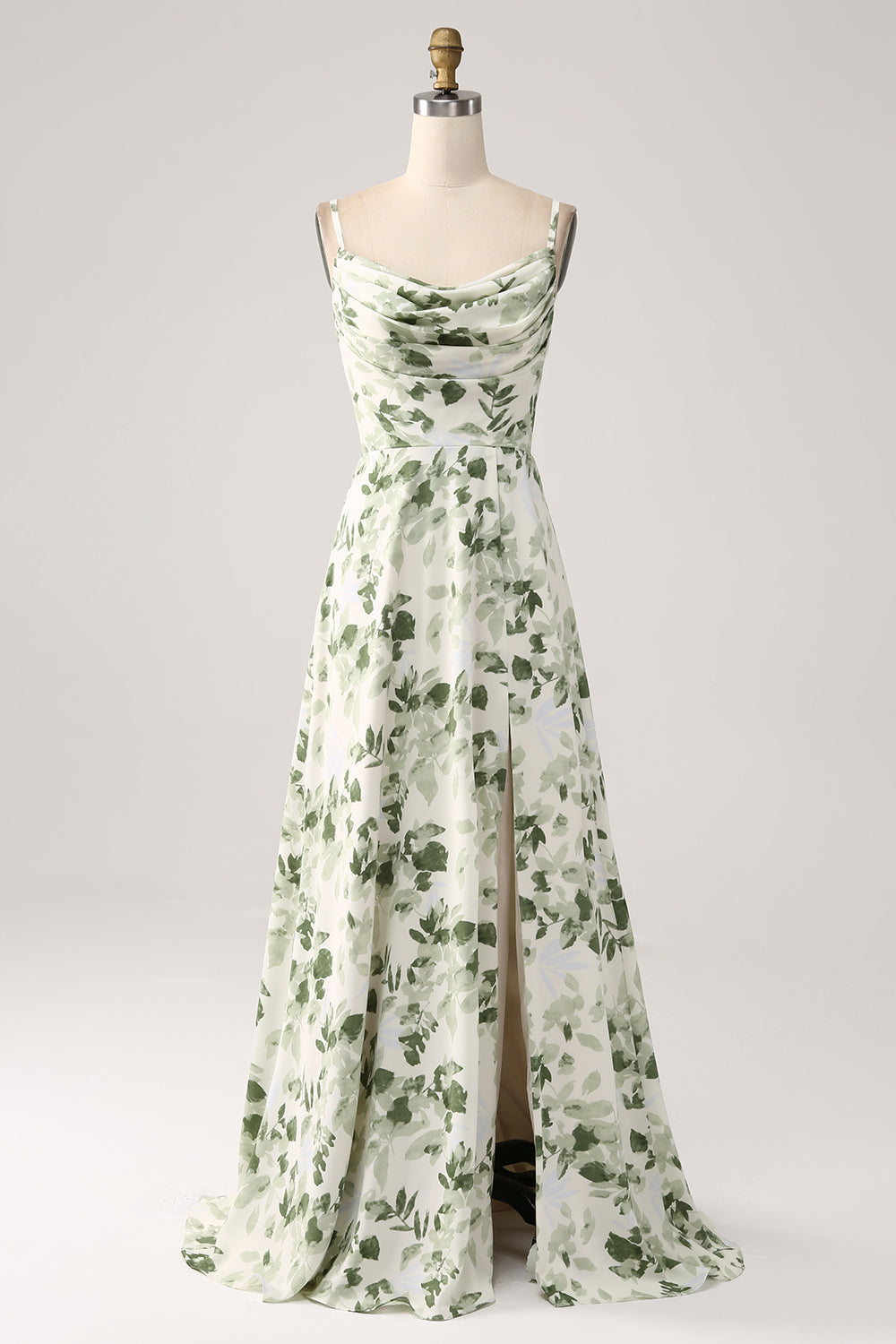 Cowl Neck Green Floral A Line Bridesmaid Dress with Slit