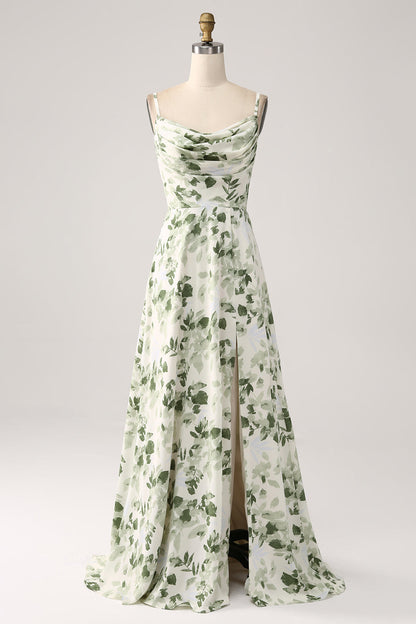 Cowl Neck Green Floral A Line Bridesmaid Dress with Slit