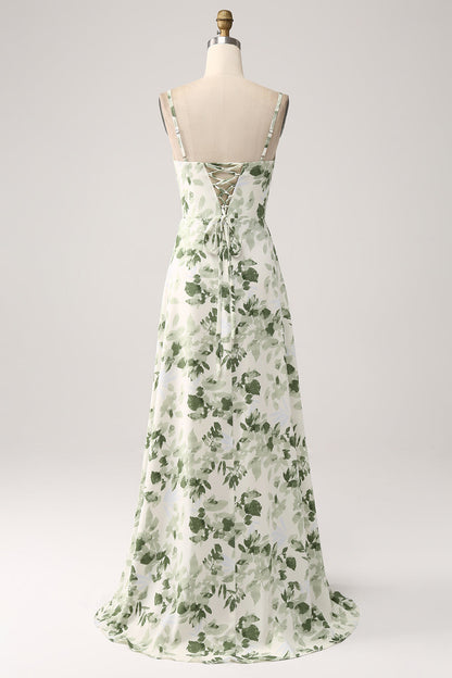 Cowl Neck Green Floral A Line Bridesmaid Dress with Slit