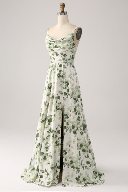 Cowl Neck Green Floral A Line Bridesmaid Dress with Slit